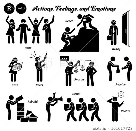 Stick figure human people man action, feelings, and emotions icons alphabet R. Rave, reach, ready, read, react, reason, receive, rebuild, recall, and realize. Stick figure human people man action, feelings, and emotions icons alphabet R. Rave, reach, ready, read, react, reason, receive, rebuild, recall, and realize. 101617728