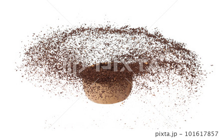 Coffee powder fall down pour in wooden bowl, Coffee crushed float explode, abstract cloud fly. Coffee dust powder splash throwing in Air. White background Isolated high speed shutter, freeze motion Coffee powder fall down pour in wooden bowl, Coffee crushed float explode, abstract cloud fly. Coffee dust powder splash throwing in Air. White background Isolated high speed shutter, freeze motion 101617857