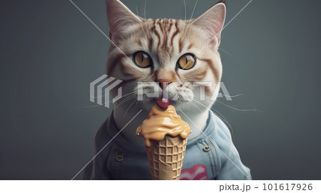 猫がソフトクリームを食べる：AI作品のイラスト素材 [101617926] - PIXTA