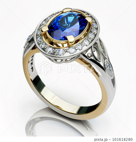 Gold ring with sapphire and diamonds isolated on white background, generative AI. 101618280