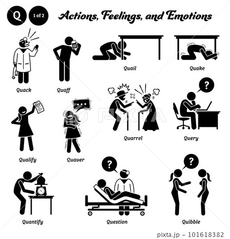 Stick figure human people man action, feelings, and emotions icons alphabet Q. Quack, quaff, quail, quake, qualify, quaver, quarrel, query, quantify, question, and quibble. Stick figure human people man action, feelings, and emotions icons alphabet Q. Quack, quaff, quail, quake, qualify, quaver, quarrel, query, quantify, question, and quibble. 101618382