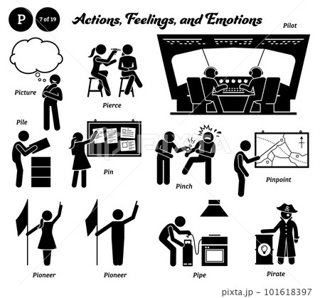 Stick figure human people man action, feelings, and emotions icons alphabet P. Picture, pierce, pilot, pile, pin, pinch, pinpoint, pioneer, pipe, and pirate. 101618397