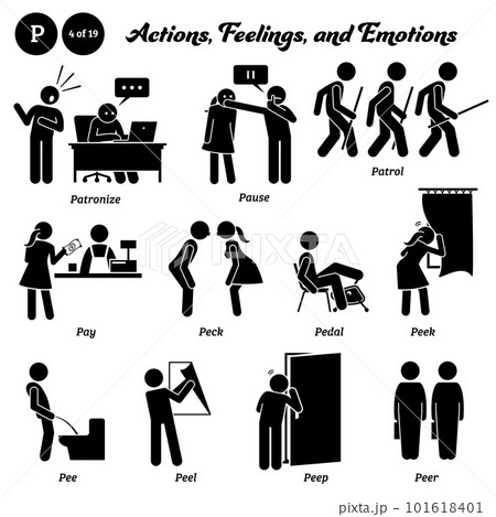 Stick figure human people man action, feelings, and emotions icons alphabet P. Patronize, pause, patrol, pay, peck, pedal, peek, pee, peel, peep, and peer. Stick figure human people man action, feelings, and emotions icons alphabet P. Patronize, pause, patrol, pay, peck, pedal, peek, pee, peel, peep, and peer. 101618401