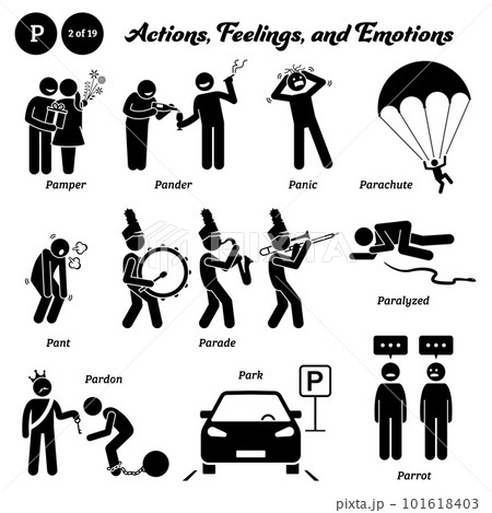 Stick figure human people man action, feelings, and emotions icons alphabet P. Pamper, pander, panic, parachute, pant, parade, paralyzed, pardon, park, and parrot.  101618403