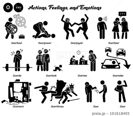 Stick figure human people man action, feelings, and emotions icons alphabet O. Overhaul, overpower, overjoyed, overhear, overdo, overlook, oversee, overtake, overturn, overthrow, owe, and own. Stick figure human people man action, feelings, and emotions icons alphabet O. Overhaul, overpower, overjoyed, overhear, overdo, overlook, oversee, overtake, overturn, overthrow, owe, and own. 101618405