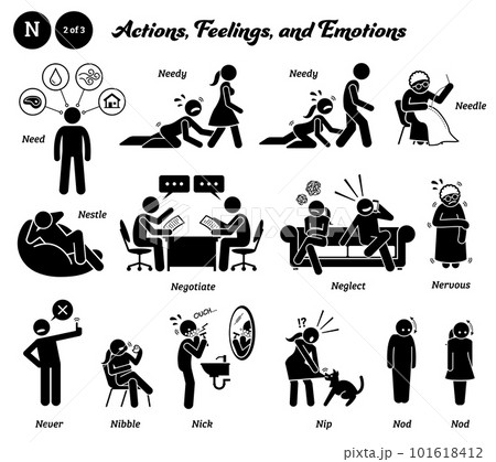 Stick figure human people man action, feelings, and emotions icons alphabet N. Need, needy, needle, nestle, negotiate, neglect, nervous, never, nibble, nick, nip, and nod. 101618412