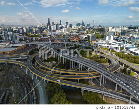 Aerial shot of Brisbane city and highway traffic in Australia in daytime 101619743