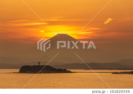 逗子市の高台から相模湾越しの夕焼け富士山 101620339
