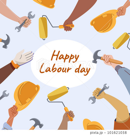 1st May Happy Labour day greeting card design with workers hands holding different work tools 101621038