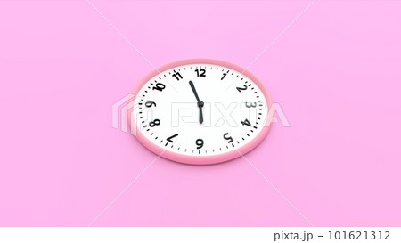 Pink wall clock on a pink background. Time concept. 3D rendering. Top View 3d rendering of a Pink wall clock isolated in a studio background. Pink wall clock on a pink background. Time concept. 3D rendering. Top View 3d rendering of a Pink wall clock isolated in a studio background. 101621312