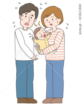 困った表情の若い夫婦と赤ちゃんのイラスト 101621682