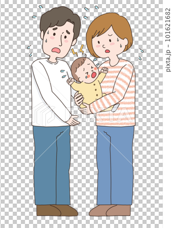 困った表情の若い夫婦と赤ちゃんのイラスト 101621682