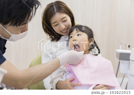 歯医者でお母さんに抱っこしてもらって口の中を見せる女の子 101622015