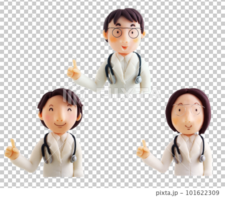 醫生的上半身男性和女性用食指向上解釋(3D 粘土插圖) 醫生的上半身男性和女性用食指向上解釋(3D 粘土插圖) 101622309