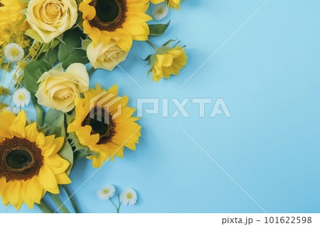 黄色いひまわりとバラの花のある水色背景　AI画像 101622598