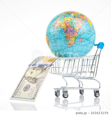 earth world globe in a grocery basket with dollars on a white background. earth world globe in a grocery basket with dollars on a white background. 101623259