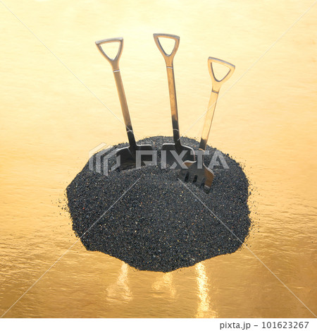 decorative fork and spoons in the form of shovels on black sand. food tools. decorative fork and spoons in the form of shovels on black sand. food tools. 101623267