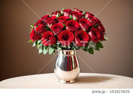 銀の花瓶に生けられた赤いバラのブーケ 101623620