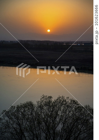 黄砂と日の出 101623666