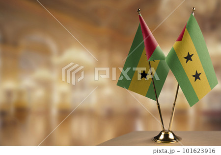 Small flags of the Sao Tome and Principe on an abstract blurry background 101623916