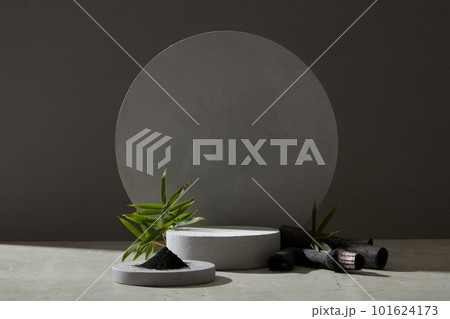 Bamboo charcoal and bamboo leaves surround the circular platform, creating space for the product or design, front view on dark background 101624173