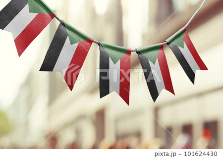 A garland of Sudan national flags on an abstract blurred background 101624430