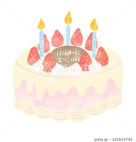 ロウソクとイチゴのホールケーキ,ショートケーキ 誕生日やお祝い シンプルでかわいい手描きの水彩イラス 101624795
