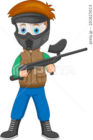 The cute boy is playing paintball with a gun 101625013