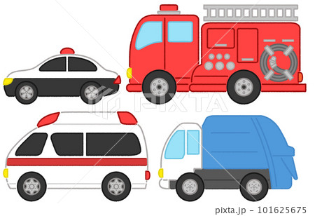 シンプル！働く車：パトカー・消防車・救急車・ゴミ収集車のイラスト