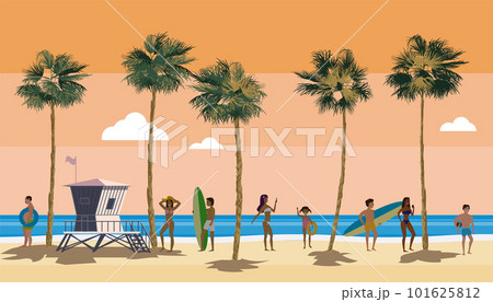 Beach landscape with Lifeguard Station, people on vacation. Palms, sea, ocean, coast view, sunset Beach landscape with Lifeguard Station, people on vacation. Palms, sea, ocean, coast view, sunset 101625812