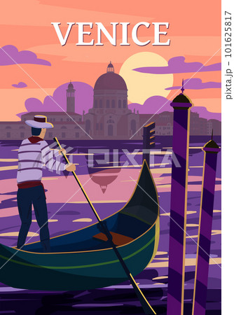 Venice Italia Poster retro style. Sunset Grand Canal, gondolier, architecture, vintage card. Vector illustration postcard 101625817