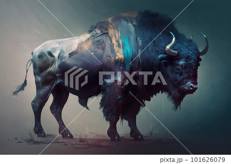 Image of a bison that stands gracefully of the forest. Wild animal. illustration, generative AI. 101626079