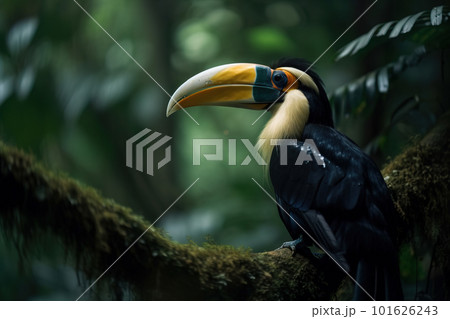 Image of hornbill standing on a branch in the forest on natural background. Wild Animals. Bird. illustration. Generative AI. 101626243