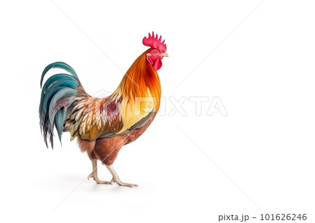 image of bright colors rooster stands on white background. Farm Animals. illustration, generative AI. 101626246