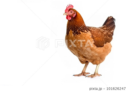 image of standing brown hen on white background. Farm Animals. illustration, generative AI. 101626247