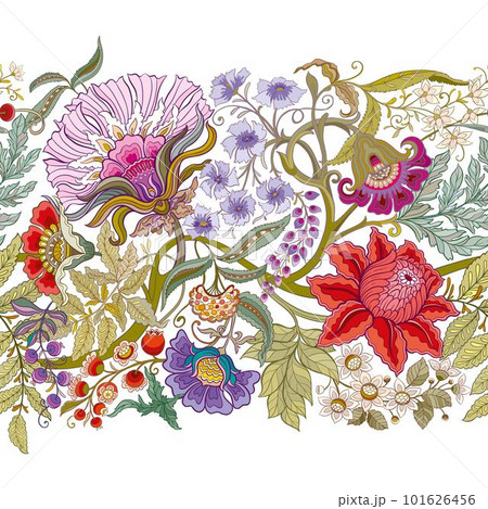 Fantasy flowers in retro, vintage, jacobean embroidery style. 101626456