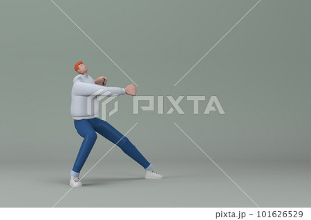 Man in casual clothes making gestures while pushing or pulling. 3D rendering of a cartoon character 101626529