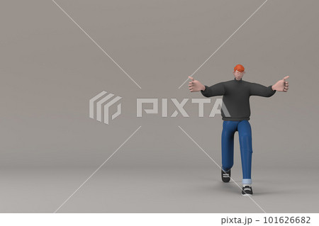 Man in casual clothes making gestures while pushing or pulling. 3D rendering of a cartoon character 101626682
