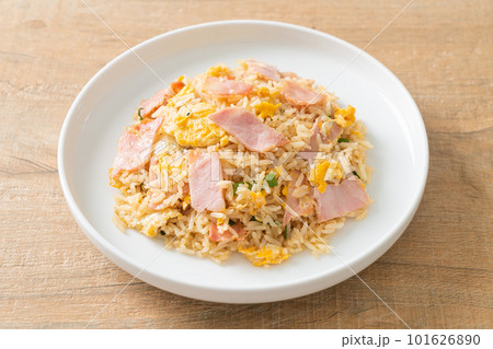 bacon ham fried rice on plate bacon ham fried rice on plate 101626890