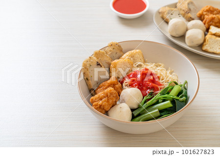 egg noodles with fish balls and shrimp balls in pink sauce, Yen Ta Four or Yen Ta Fo egg noodles with fish balls and shrimp balls in pink sauce, Yen Ta Four or Yen Ta Fo 101627823