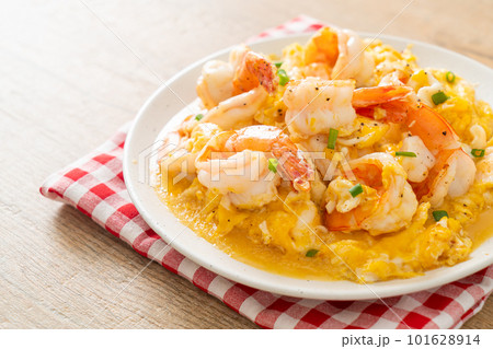 creamy omelet with shrimps or scrambled eggs and shrimps creamy omelet with shrimps or scrambled eggs and shrimps 101628914