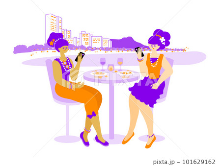 ベクターイラスト：旅行先のテラス席で食事を楽しむ女性たち_travel_girls_Gourmet 101629162