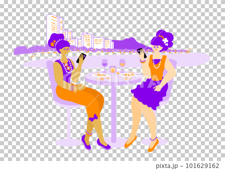 ベクターイラスト：旅行先のテラス席で食事を楽しむ女性たち_travel_girls_Gourmet 101629162