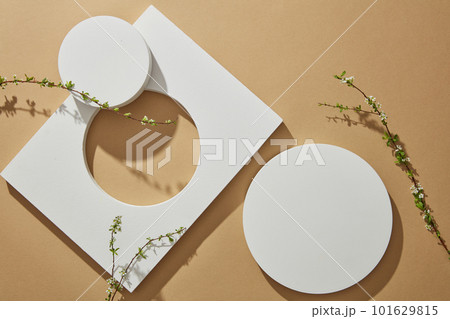 Background product display podium scene with some flower branches decorated on brown background. Top view, flat lay Background product display podium scene with some flower branches decorated on brown background. Top view, flat lay 101629815