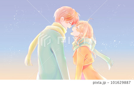 冬の幸せそうな男女 向かい合う 夕暮れ 冬の幸せそうな男女 向かい合う 夕暮れ 101629887