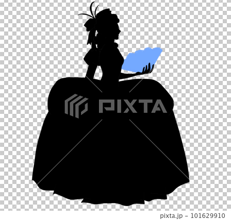 A woman wearing a dress and holding a folding fan, light blue 101629910