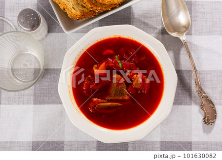 Just prepared portion of svekolnik served on plate 101630082