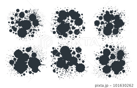 Abstract ink spots. Black paint drops and splashes, grunge ink splatters. Messy paint drops silhouettes flat vector illustration set 101630262