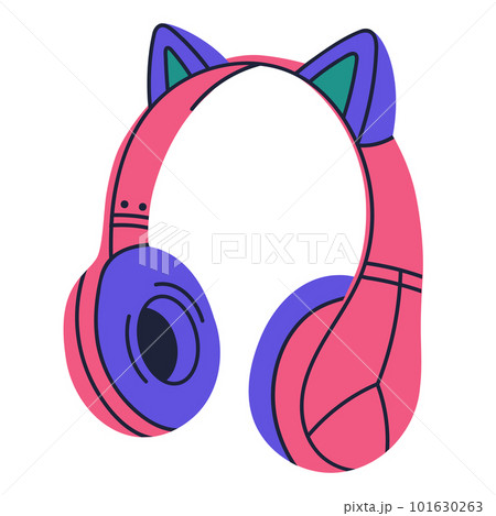 Cute eared headphones. Pink wireless music gadget, portable electronic music device kawaii flat vector illustration on white background 101630263