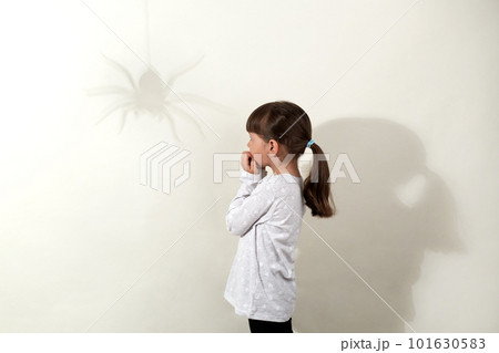Childhood fears. Side view of small dark haired girl wearing white casual shirt having fear of insects, looking at shadow of spider on wall and biting fingernails, isolated over gray background. 101630583